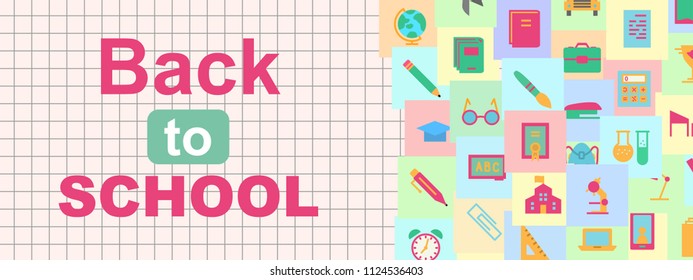 vector back to school banner with education supplies colorful style such us bag, bus, book, phone, pen, chalckboard on checkered background for poster, party, super sale offer. Illustration 10 eps