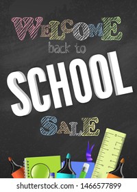 Vector Back to school banner with elements and items. Chalkboard school sale concept colorful poster design.