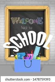 Vector Back to school blackboard colorful banner with supplies and items. Chalkboard on the brick wall for school sale concept or poster design.
