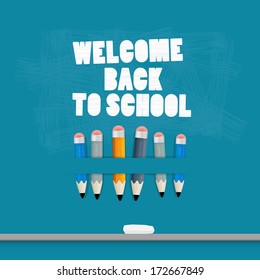 Vector Back to school Blue Background with Pencils, Chalk