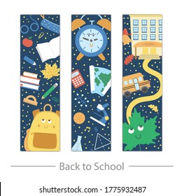 Vector back to school bookmarks set with cute schoolbag, pencil, alarm, bell, blackboard. Funny educational design for banners, posters, invitations. Vertical card template with stationery
