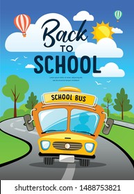 Vector Back to school bus on road and tree concept design background, illustration