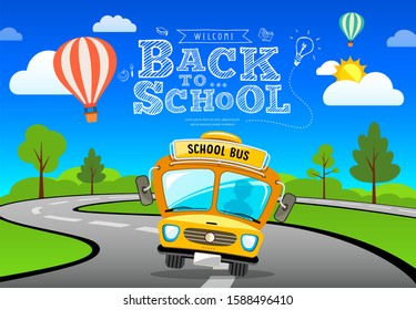 Vector Back to school bus on road and tree concept banner design background, illustration