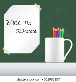 Vector Back to school , colorful crayons in cup and white paper