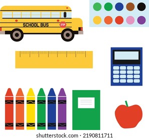 Vector back to school colorful illustration buss ruler watercolor calculator crayons apple notebook