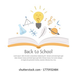 Vector back to school composition with opened book and cute lessons symbols. Funny educational design for banners, posters, invitations. Card template with funny science symbols

