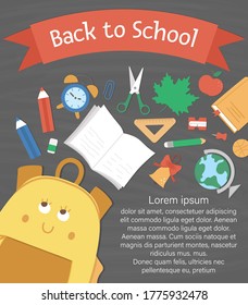 Vector back to school composition with ribbon and cute kawaii schoolbag, bell, leaf, alarm clock. Funny educational design for banners, posters, invitations. Vertical card template