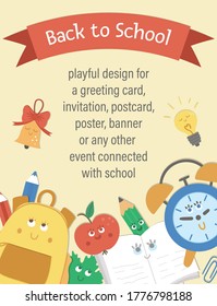 Vector back to school composition with ribbon and cute kawaii schoolbag, bell, leaf, alarm clock. Funny educational design for banners, posters, invitations. Vertical card template