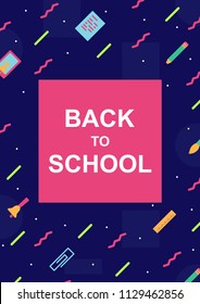 vector back to school cover design template memphis colorful style with education supplies such us pen, book, phone, glass, ruler, pencil, brush, eraserfor poster, party, super sale offer. 10 eps