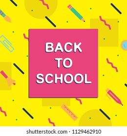 vector back to school cover square shape memphis colorful style with education supplies such us pen, book, phone, glass, ruler, pencil, brush, eraserfor poster, party, super sale offer. 10 eps