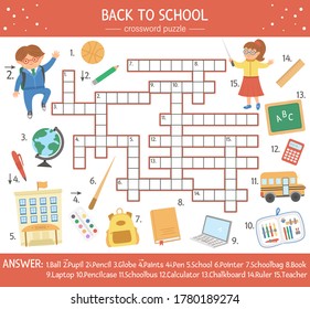 Vector back to school crossword puzzle for kids. Simple quiz with school objects for children. Educational autumn activity with cute funny elements, teacher, pupil
