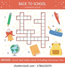 Vector back to school crossword puzzle for kids. Simple quiz with school objects for children. Educational autumn activity with cute funny kawaii characters