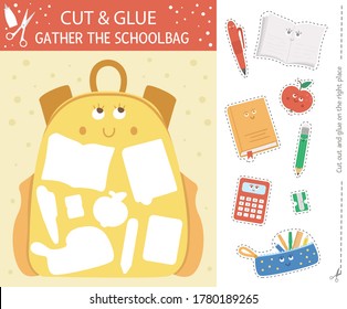 Vector de vuelta a la actividad de corte y pegamento escolar. Juego de artesanía educativa de otoño con una linda mochila escolar kawaii. Actividad divertida para los niños. Lo que va a la hoja de cálculo imprimible de mochila
