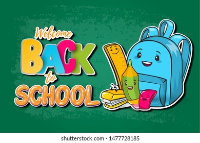 Vector Back to school cute illustration -equipment icons in hand drawn cartoon style. Pencil, eraser (rubber), ruler, stapler and backpack. School or office stationery for kids, September 1 holiday
