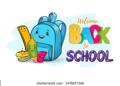 Vector Back to school cute illustration -equipment icons in hand drawn cartoon style. Pencil, eraser (rubber), ruler, stapler and backpack. School or office stationery for kids, September 1 holiday