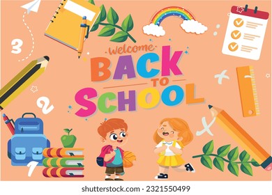 Vector of back to school design with colored pencils, kids' characters, and other learning items. School supplies border on black chalkboard.
