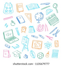Vector back to school doodle elements set. Study and learning objects. Book, notebook, bag, ball, chalkboard icons. Easel or tablet, laptop, scissors and graduate cap symbols. Education illustration
