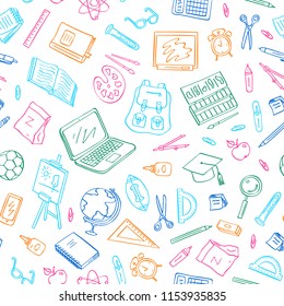 Vector back to school doodle elements pattern or background. Study and learning objects. Book, notebook, bag, ball, chalkboard illustration for ad or banner