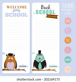 Vector back to school elements for notebook, diary, stickers and other template design. Cute and cartoon illustration, ready for your message. School accessories. Owl teacher with talk bubble.