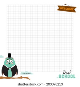 Vector back to school elements for notebook, diary, stickers and other template design. Cute and cartoon illustration, ready for your message. School accessories. Owl teacher with talk bubble.