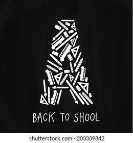 Vector back to school emblem composed of nice icons. Emblem on black backdrop. Vector graphic for web or print.