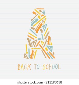 Vector back to school emblem composed of nice icons. Emblem on semi-real paper background. Vector graphic for web or print.