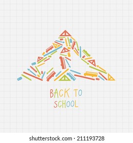 Vector back to school emblem composed of nice icons. Emblem on semi-real paper background. Vector graphic for web or print.
