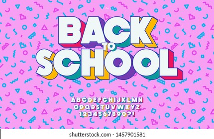 Vector back to school font trendy typography on memphis background for event, decoration, motion, school fair, video, poster, t shirt, book, banner, printing. Cool typeface. Modern alphabet. 10 eps