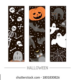 Vector back to school Halloween bookmarks set. Funny all saints day design for banners, posters, invitations. Vertical card template with skeleton, pumpkin lantern, ghosts, black cat and bats