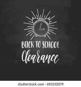 Vector Back To School handwritten illustration with alarm clock drawing on chalkboard. Children education background. Knowledge day poster.