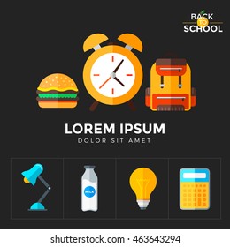 Vector back to school icons set. Education object in flat style on dark