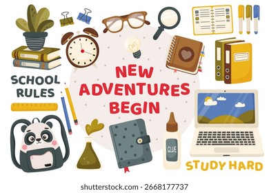 Vector de vuelta a la escuela ilustración con libros, mochila, ordenador portátil, reloj, planta, papelería y texto "Nuevas aventuras comienzan"