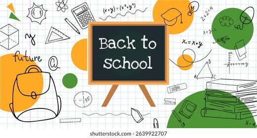 Vector back to school illustration with chalkboard, books, backpack, math formulas and hand-drawn school elements on a grid paper background. Part of a Hand-drawn Back to School Series
