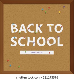 Vector back to school illustration. Semi-real corkboard with paper-crafted letters. Thematic vector illustration for back to school promotion.
