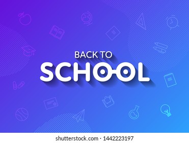 Vector back to school modern banner. White 3d text with glasses sign and shadow effect isolated on gradient blue to purple with flat education concept icons background. Design element for poster