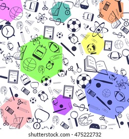 Vector Back to School pattern with set of different school things on white background. vector illustration.