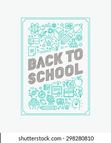 Vector back to school poster design in trendy linear style - mono line icons and letters