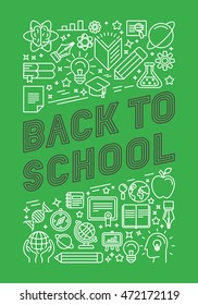 Vector back to school poster design in trendy linear style - mono line icons and letters