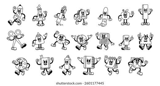 Vector Back To School Retro Cartoon style Groovy Set Illustration Isolated
