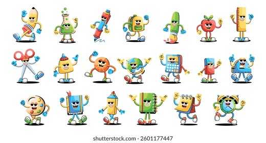 Vector Back To School Retro Cartoon style Groovy Set Illustration Isolated
