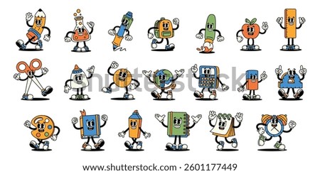Vector Back To School Retro Cartoon style Groovy Set Illustration Isolated