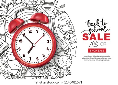 Vector back to school sale banner, poster background. Realistic 3d red alarm clock on outline doodle school supplies background. Layout for discount labels, flyers and shopping.