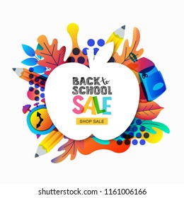 Vector back to school sale banner, poster template. Apple frame with color gradients leaves, pencils, clock, backpack isolated on white background. Layout for discount labels, flyers and shopping