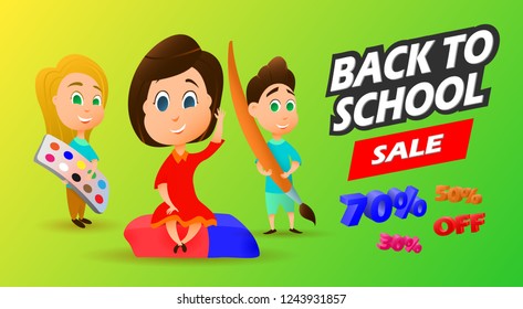 Vector back to school sale banner, poster background. Boy and girl holding a brush, paint and eraser. Layout for discounts, flyers and stores. Eps10
