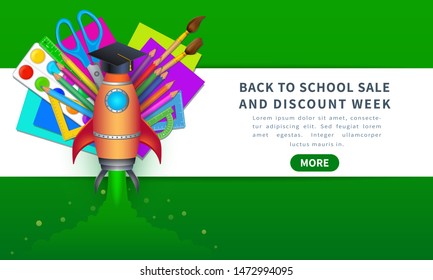 Vector back to school sale banner template with education supplies like pencils, paint brushes, color paper, palette, ruler and scissors for online store discount promotion