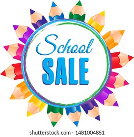 Vector back to school sale banner, poster background. Hand drawn sketch, colorful pencils. Layout for discount labels, flyers and shopping.
