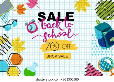 Vector back to school sale banner, poster background. Hand drawn calligraphy lettering and doodle school supplies on notebook sheet of paper. Layout for discount labels, flyers and shopping.