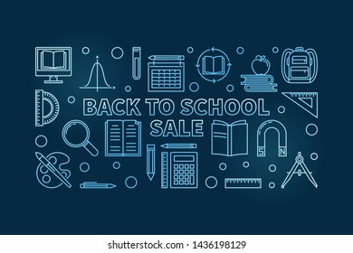 Vector Back to School Sale blue concept linear horizontal banner or illustration on dark background
