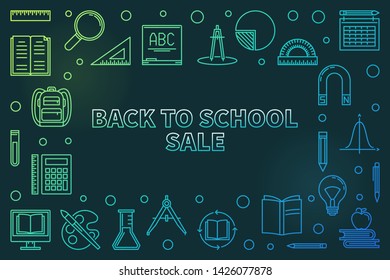 Vector Back to School Sale concept colorful linear horizontal illustration or banner on dark background