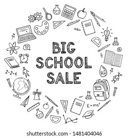 Vector back to school sale flyer, banner, poster background. Hand drawn sketch letters. Layout for discount labels, flyers and shopping  template.